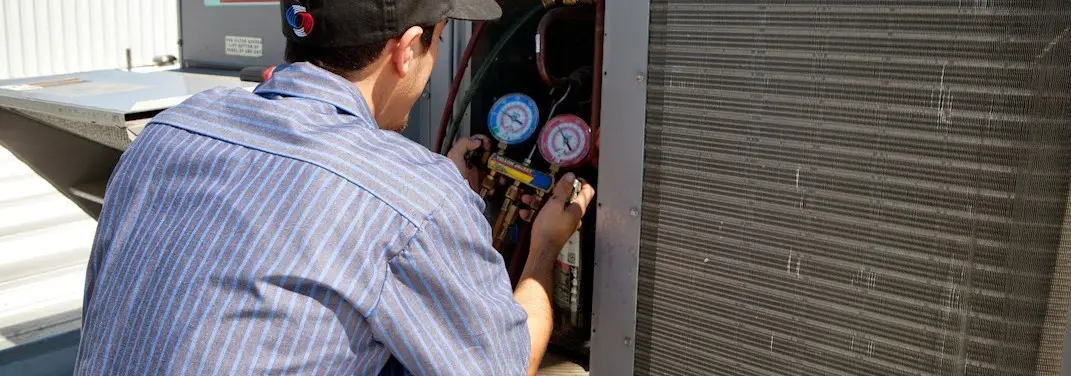 HVAC technician servicing a condenser unit in Palmetto Estates